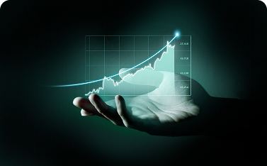 Conceptual graphic of a hand holding a glowing, holographic line graph that shows a dramatic, continuous upward trend, symbolizing growth and success.