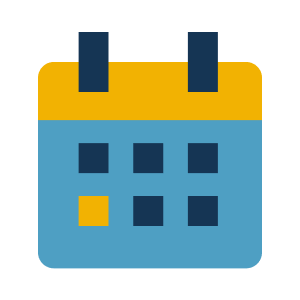 Icon of a blue calendar with a yellow header and dark blue top loops. One square on the calendar grid is highlighted in yellow.