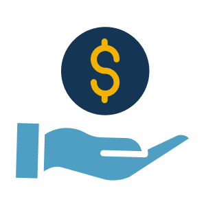 Icon of a blue hand open and extended beneath a dark blue coin that has a yellow dollar sign ($) on it.